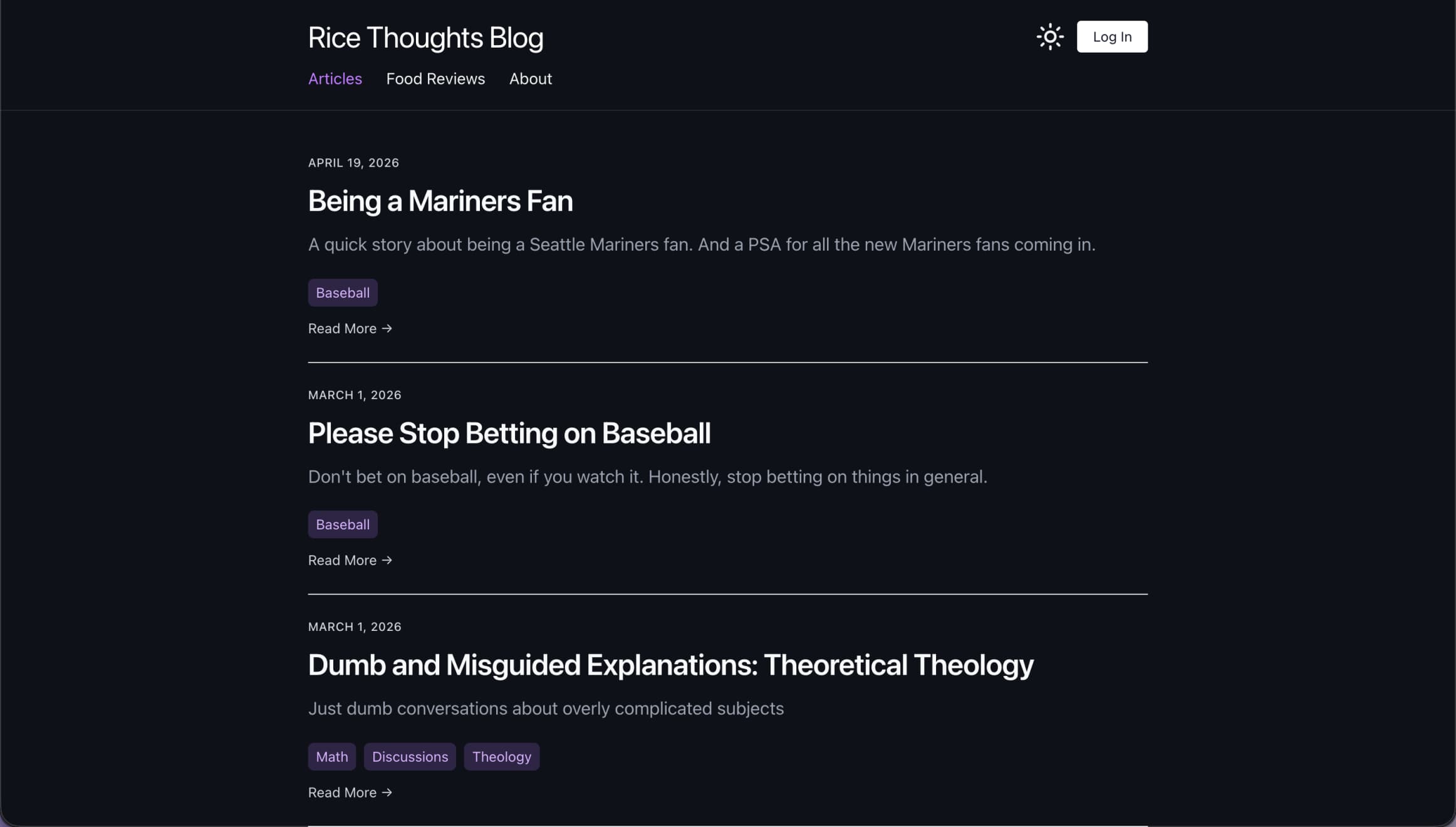 Rice Thoughts blog homepage and article layout